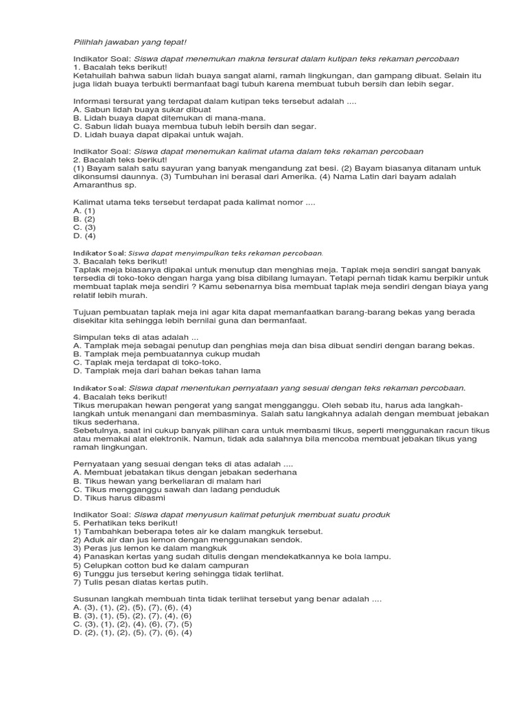 Contoh Soal Pilihan Ganda Tentang Teks Rekaman Percobaan
