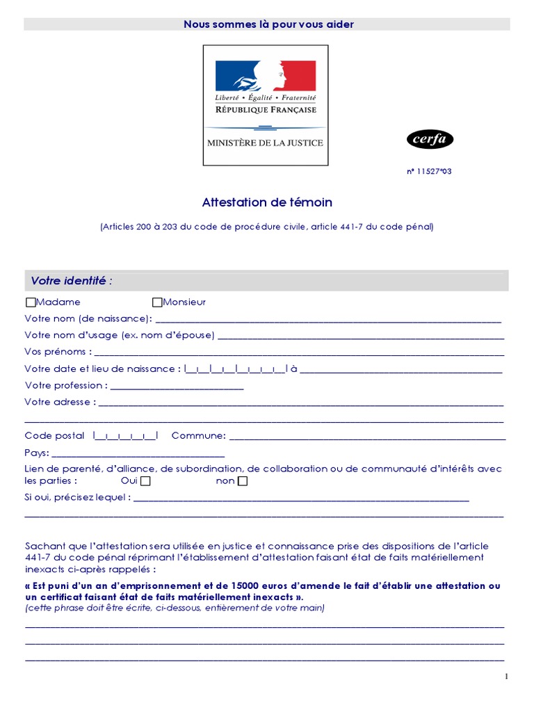Modèle De Lettre De Temoignage En Faveur D'une Personne Pdf