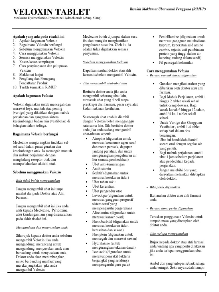 Veloxin Tablet Meclozine Hydrochloride Pyridoxine Hydrochloride Pharm D Sdn Bhd 27feb2017 Bm Pdf Pdf