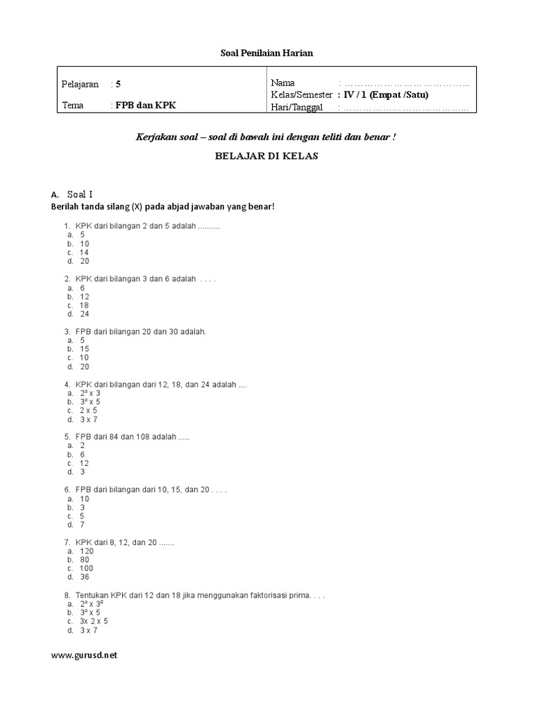 Soal Kelas 4 Mtk Pelajaran Kpk N Fpb
