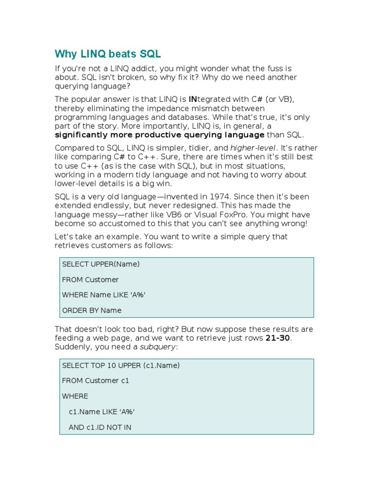 Advantages of LINQ Over SQL | PDF | Language Integrated Query | Sql