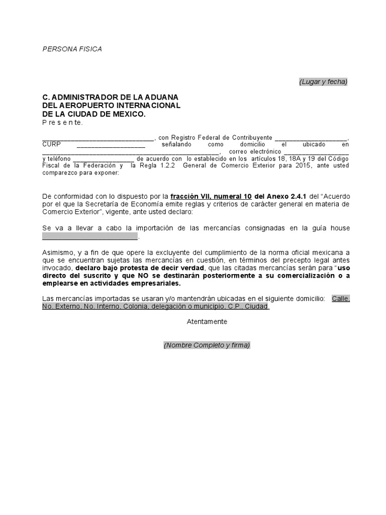 Carta Excepcion de Nom Persona Fisica Uso Personal Julio 18 | PDF