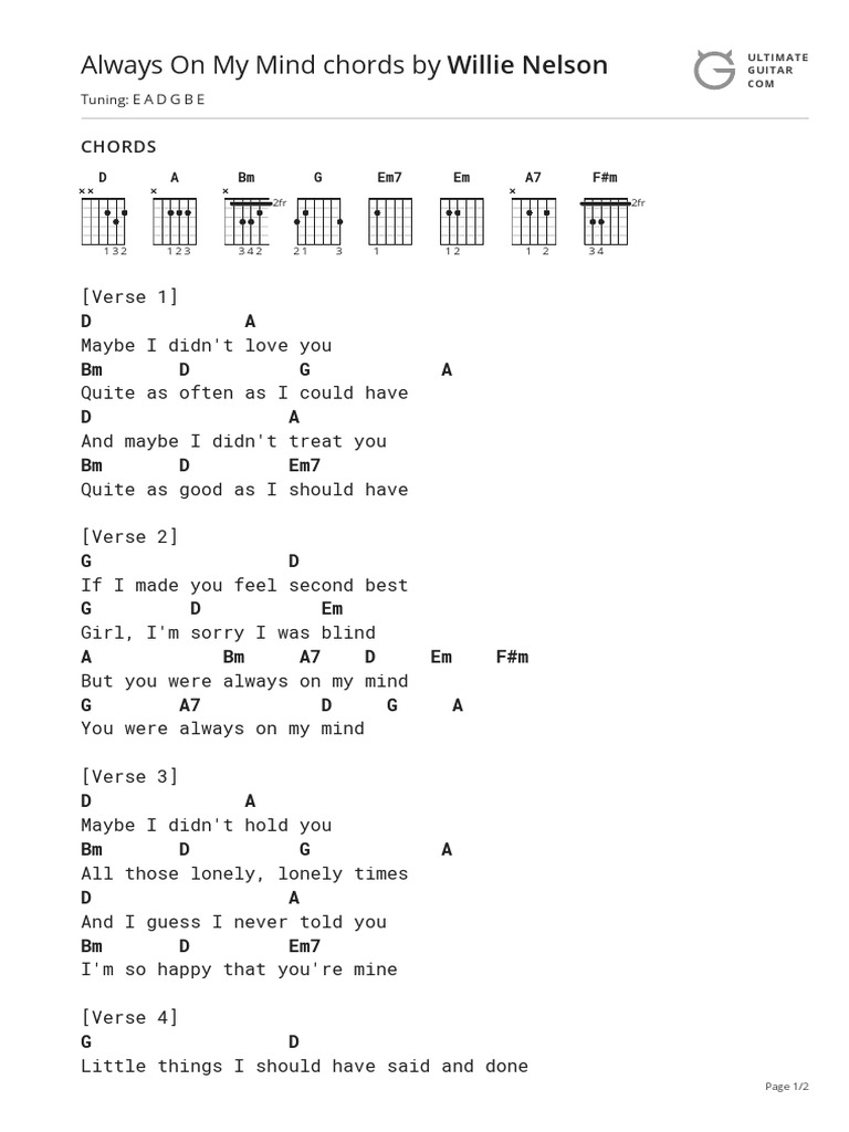 Always on My Mind Chords by Willie Nelsontabs Ultimate Guitar Archive Song Structure