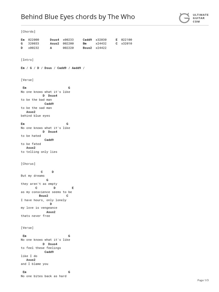 Behind Blue Eyes Chords by the Whotabs @ Ultimate Guitar Archive | Song ...