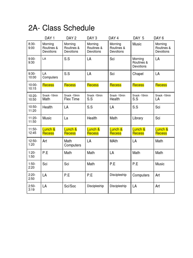 Weekly Class Schedule Overview | PDF