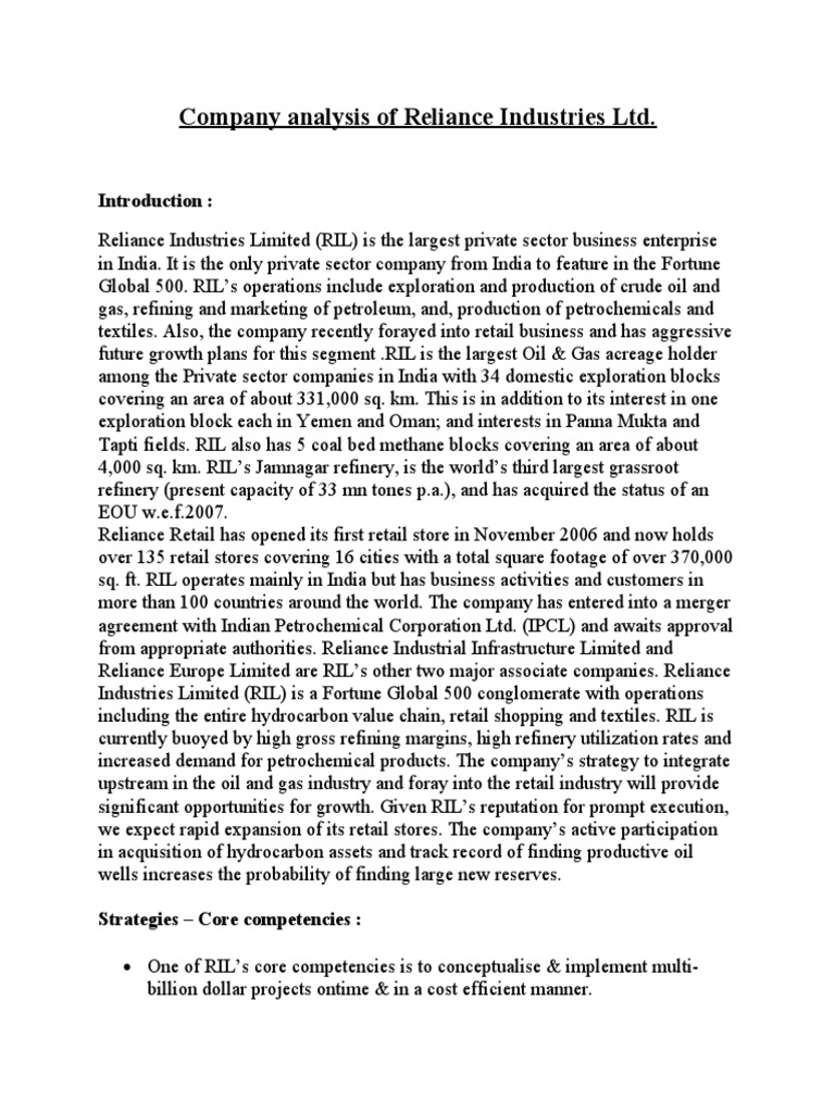 Company Analysis of Reliance Industries LTD PDF Revenue Investing
