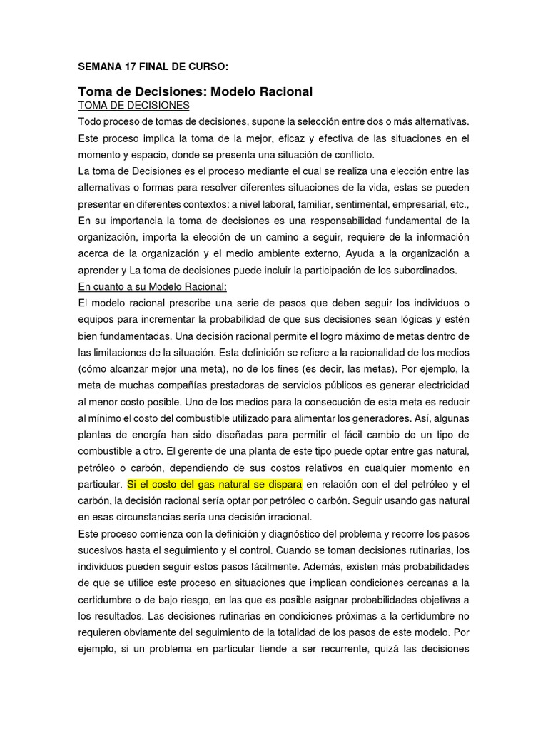 Modelo Racional en Toma de Decisiones | PDF | Racionalidad | Toma de ...