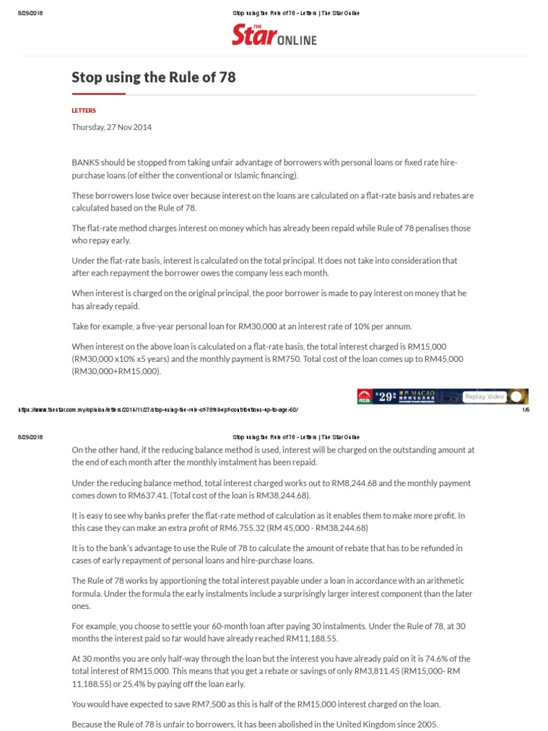Stop Using The Rule of 78 - Letters - The Star Online | PDF | Interest ...