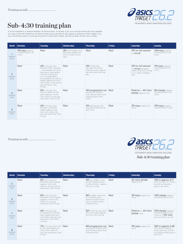 María etc. Ahora Asics Trainingplans Sub 4.30 PDF | PDF | Auto Racing | Sport Of Athletics