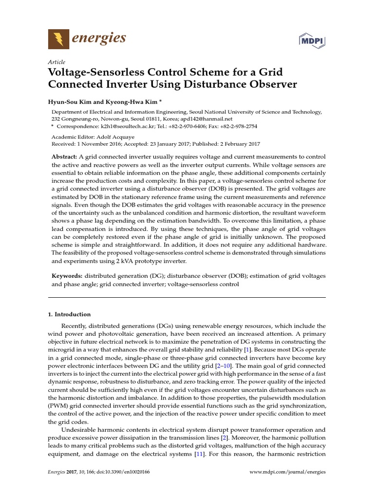 Energies: Voltage-Sensorless Control Scheme For A Grid Connected ...