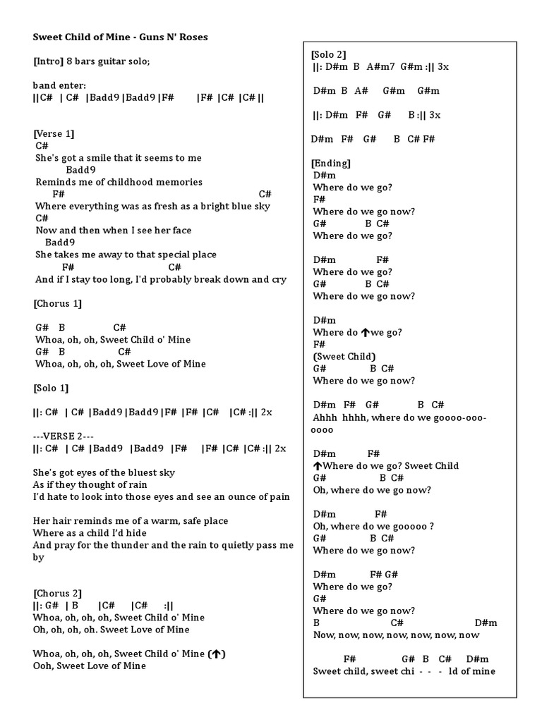 Sweet Child o Mine Lyrics PDF Vocal Music Performing Arts