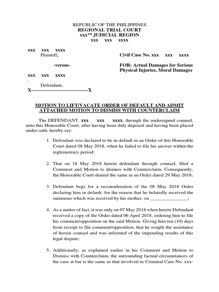 Motion To Lift Order of Default and Admit Motion To Dismiss With