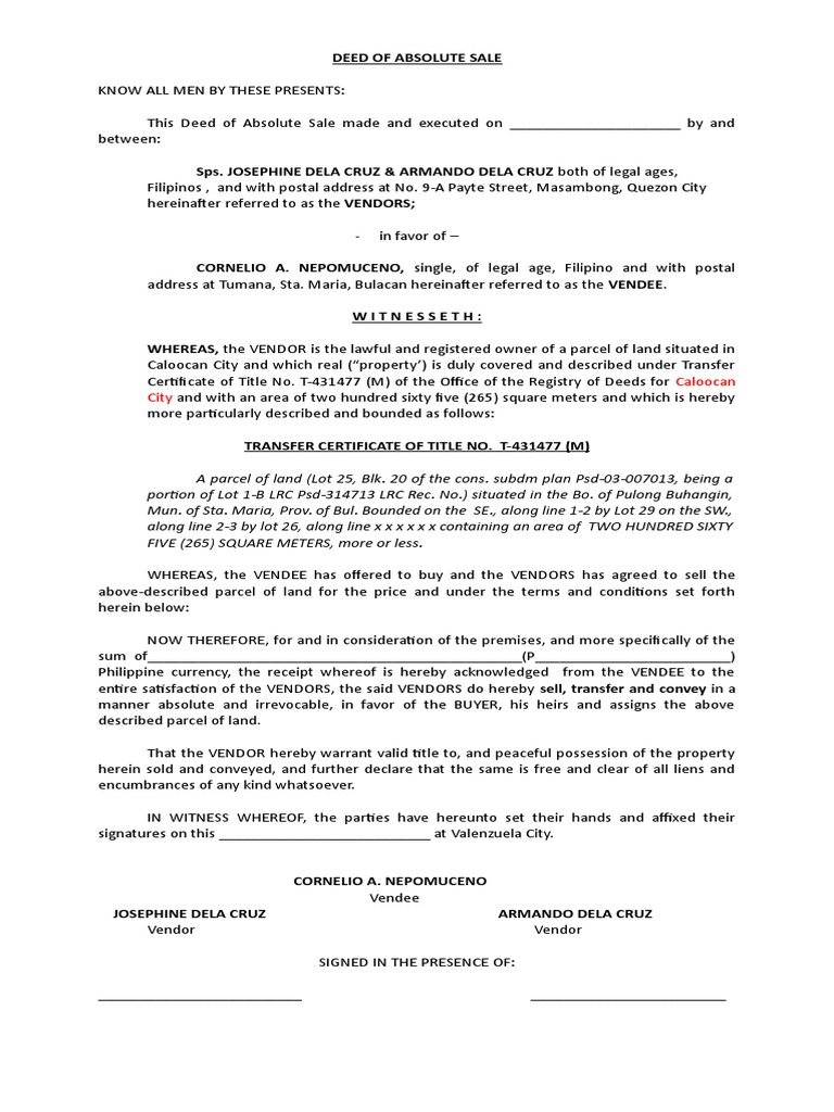 Deed Of Sale Sps Dela Cruz Pdf Property Law Property