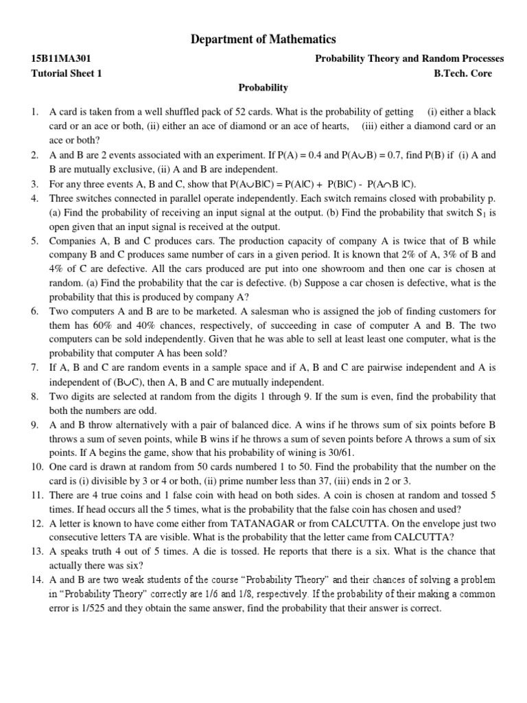 Department of mathematics 15b11ma301 probability theory and random