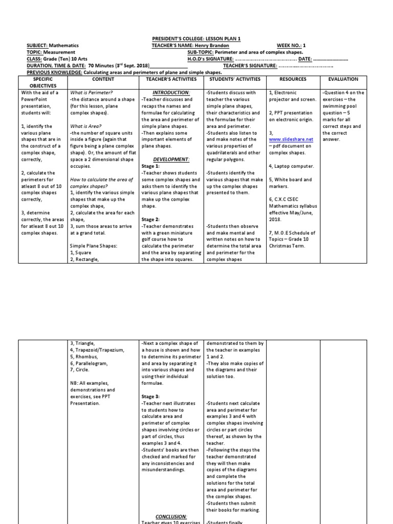 Grade 10 Math: Area & Perimeter Lesson | PDF | Area | Shape