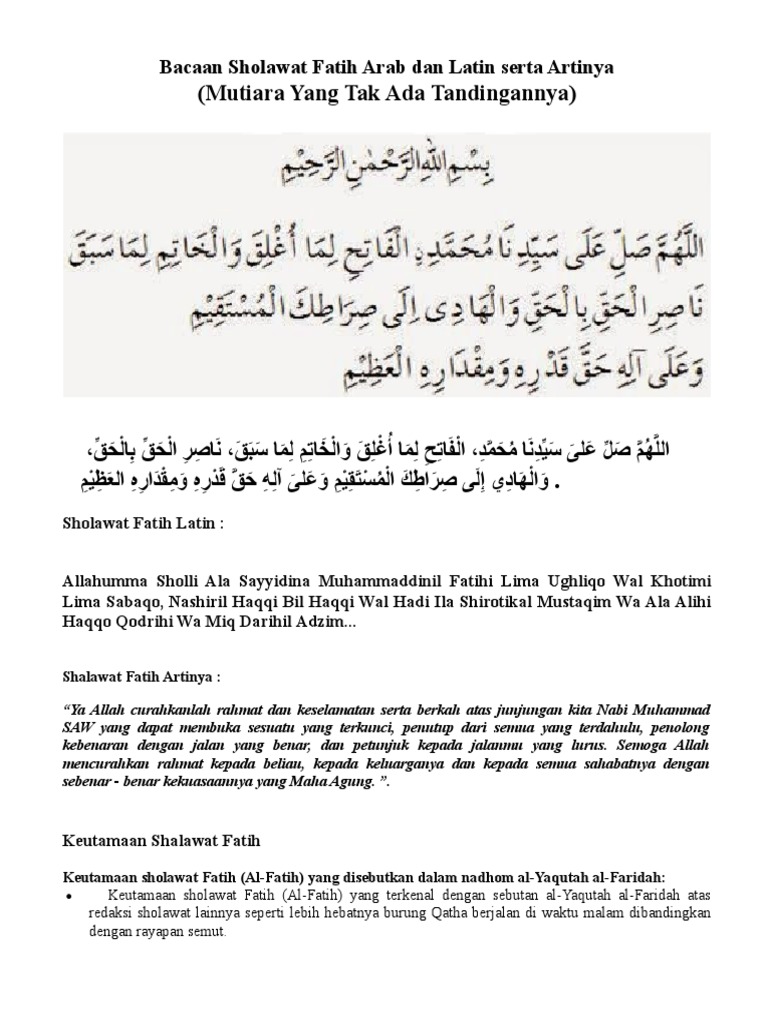 Bacaan Sholawat Fatih Arab Dan Latin Serta Artinya Doc
