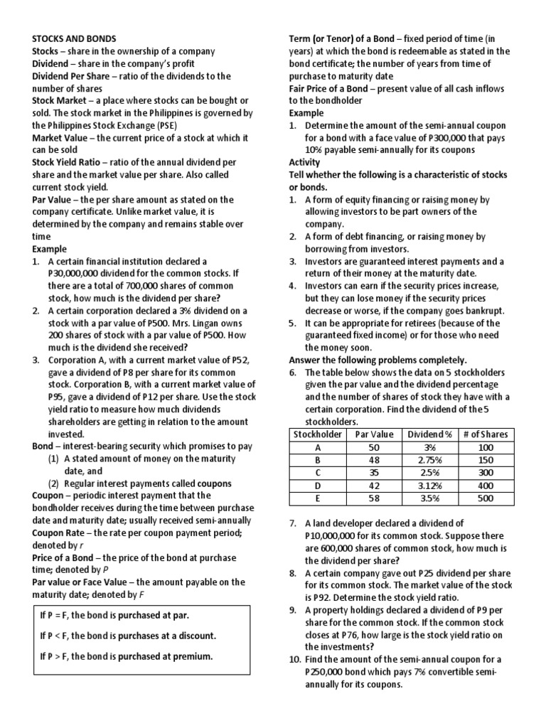 Stocks and Bonds PDF Bonds (Finance) Stocks