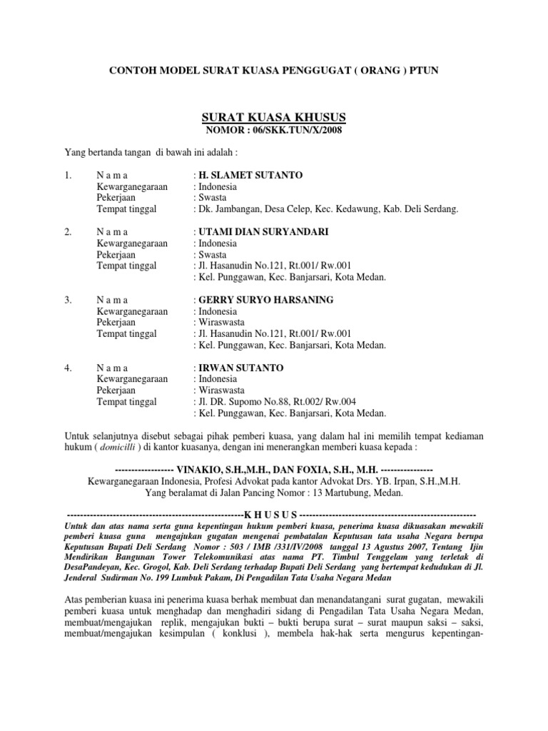 Contoh Surat Kuasa Khusus Penggugat Contoh Surat