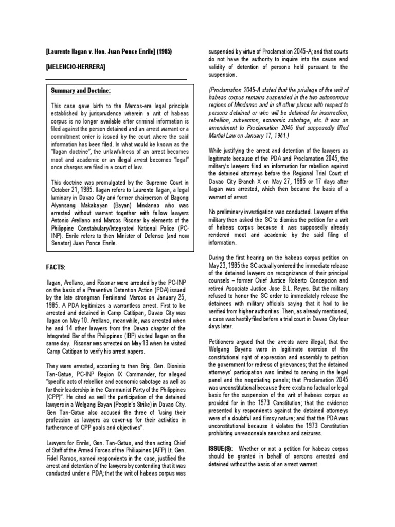 Ilagan v enrile digest acedillo pdf juan ponce enrile habeas