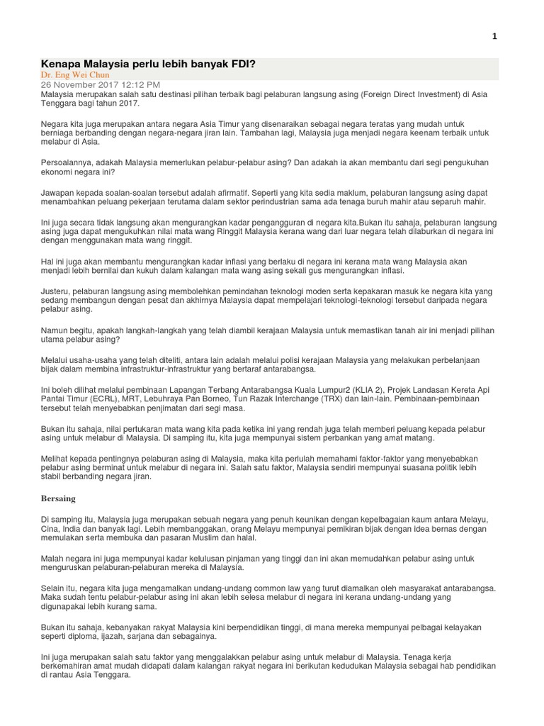 Kenapa Malaysia Perlu Lebih Banyak Fdi