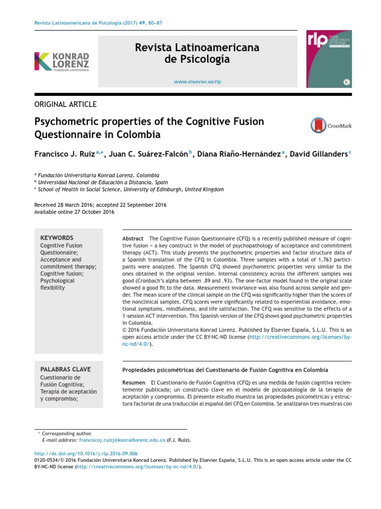 Psychometric Properties Of The Cognitive Fusion Questionnaire In Colombia Psychology Behavioural Sciences