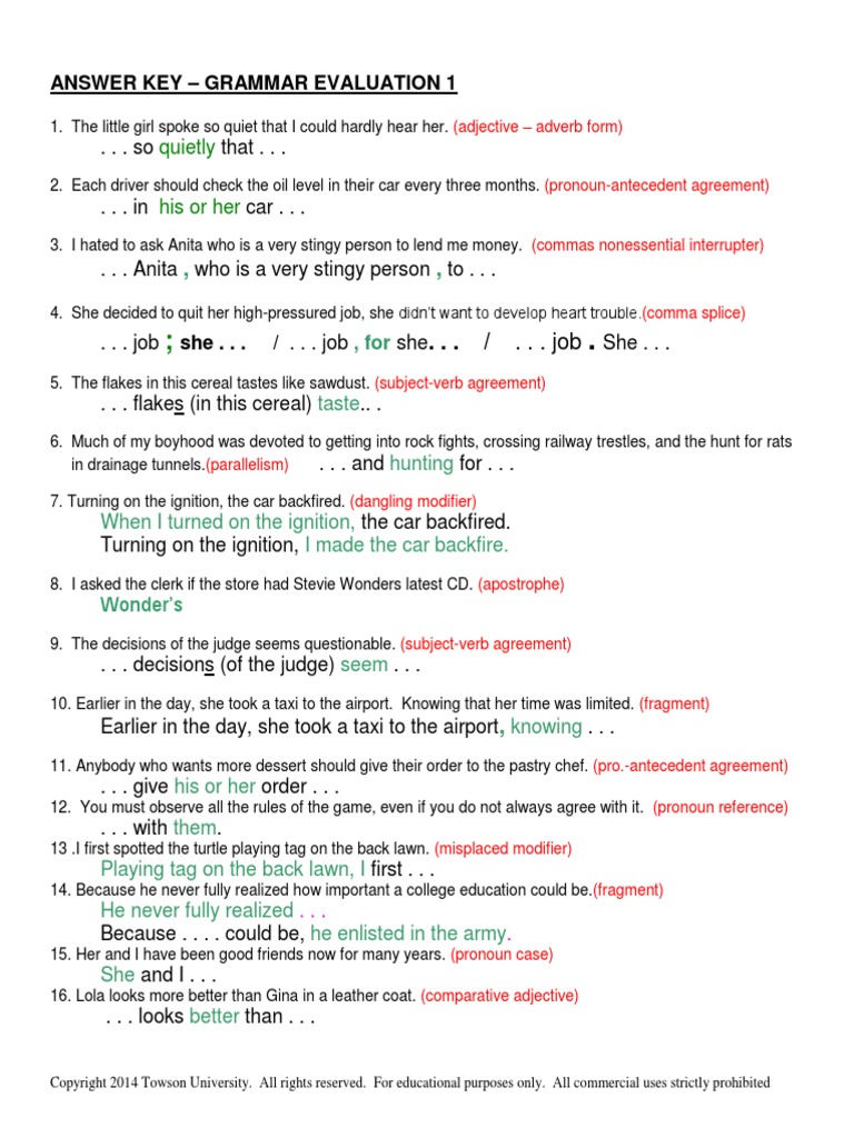 Answer Key Grammar Eval 1 | PDF | Comma | Linguistic Typology