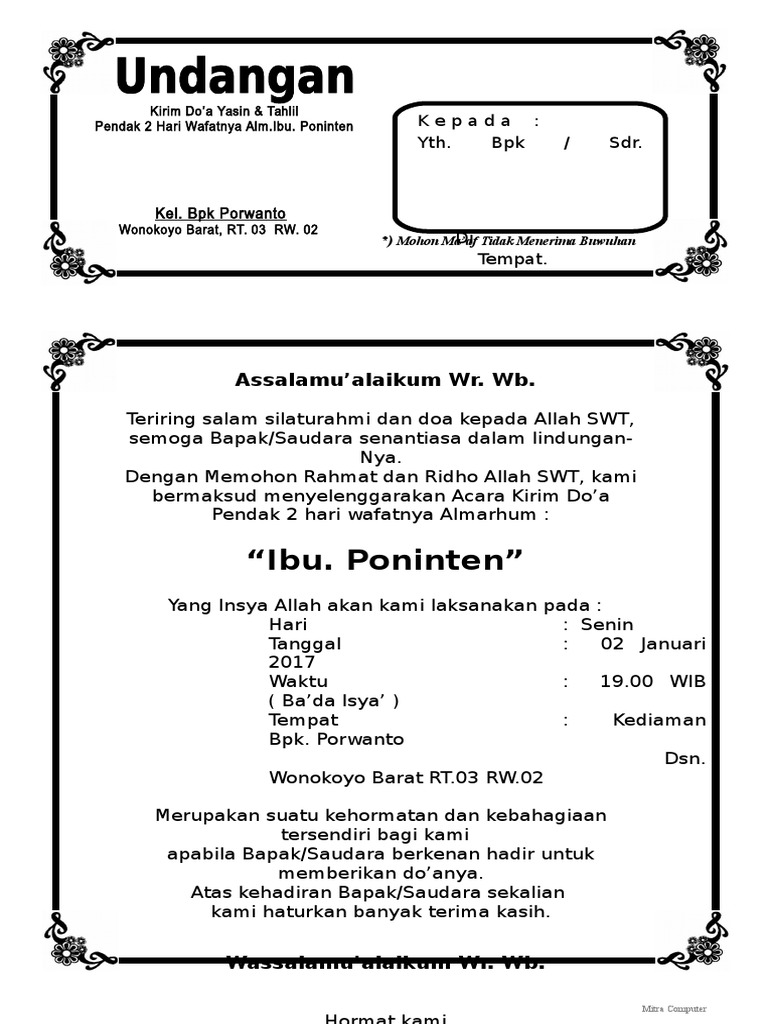 Contoh Undangan Tahlil 40 Haridoc