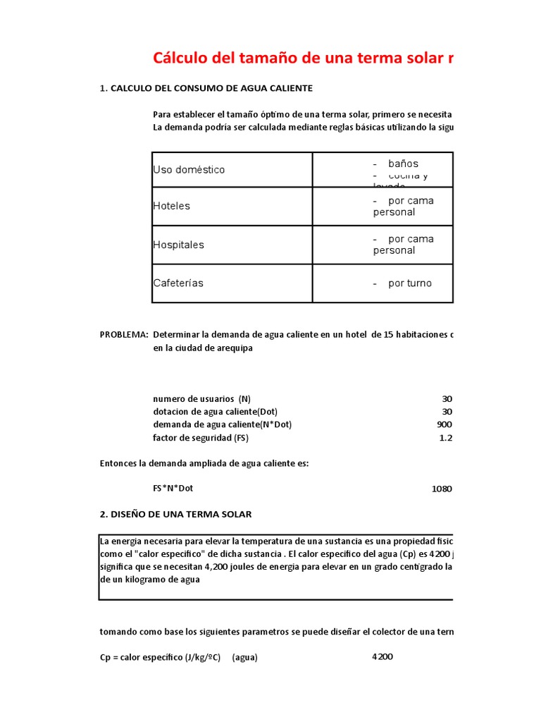 C lculo del tama o de una terma solar requerida pdf temperatura