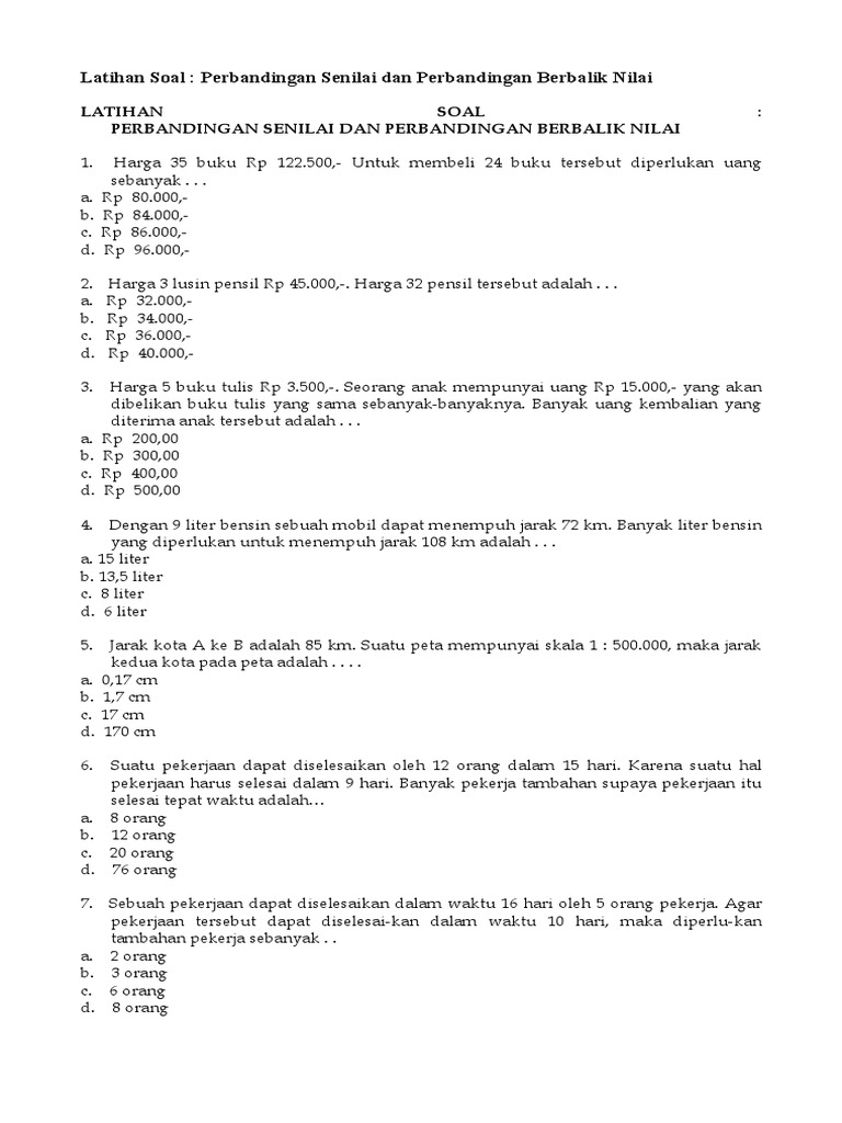 Latihan Soal Mat Perbandingan Senilai