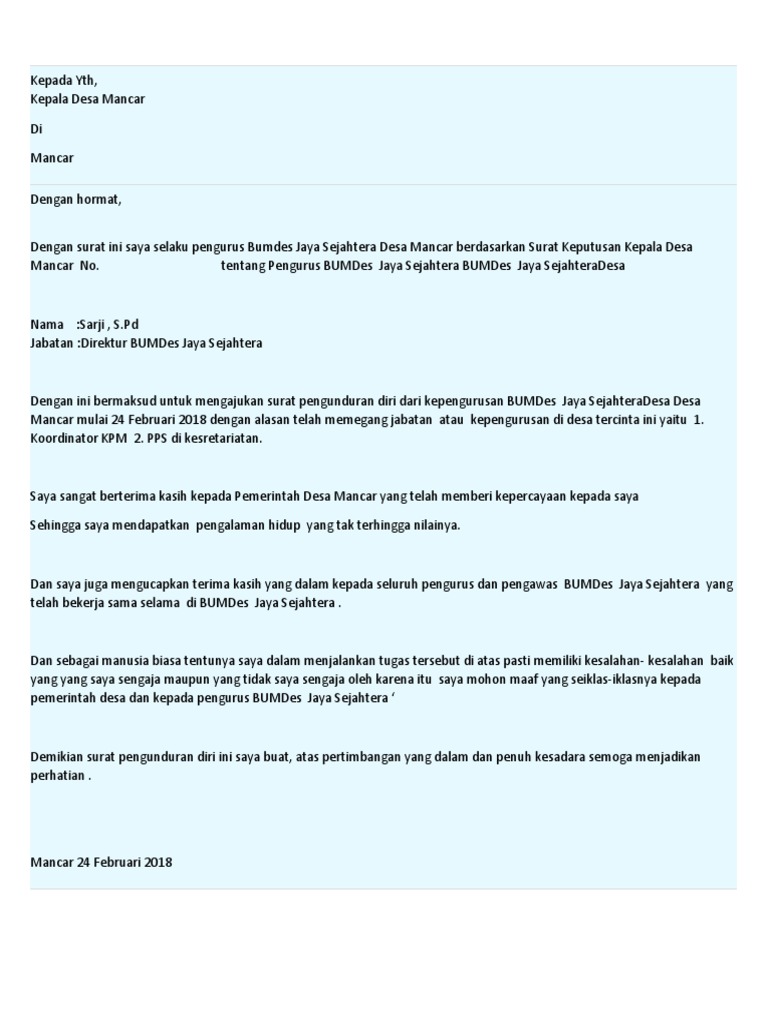 Perangkat Desa Contoh Surat Pengunduran Diri Dari Jabatan Contoh Lif Co Id