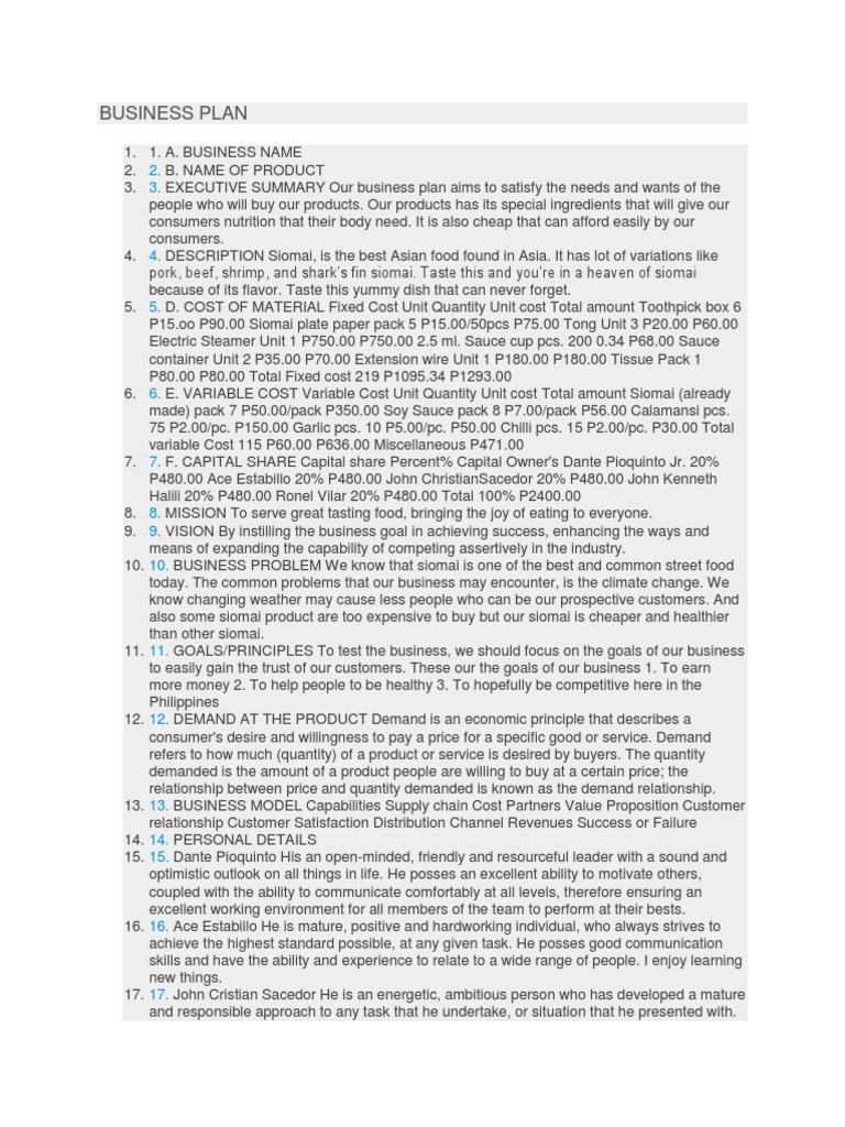 Startup business plan sample pdf picture