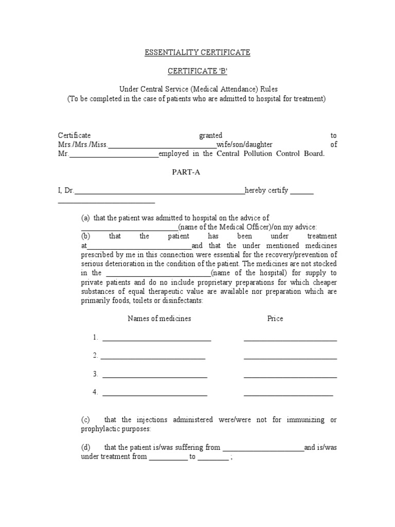 Essentiality Certificate for Medical Reimbursement | PDF | Hospital ...