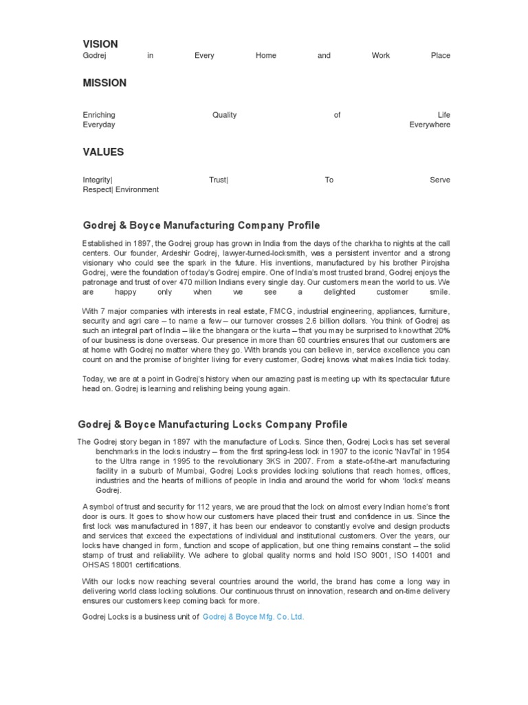 Godrej's Vision, Mission and Values Driving Growth | PDF | Strategic ...