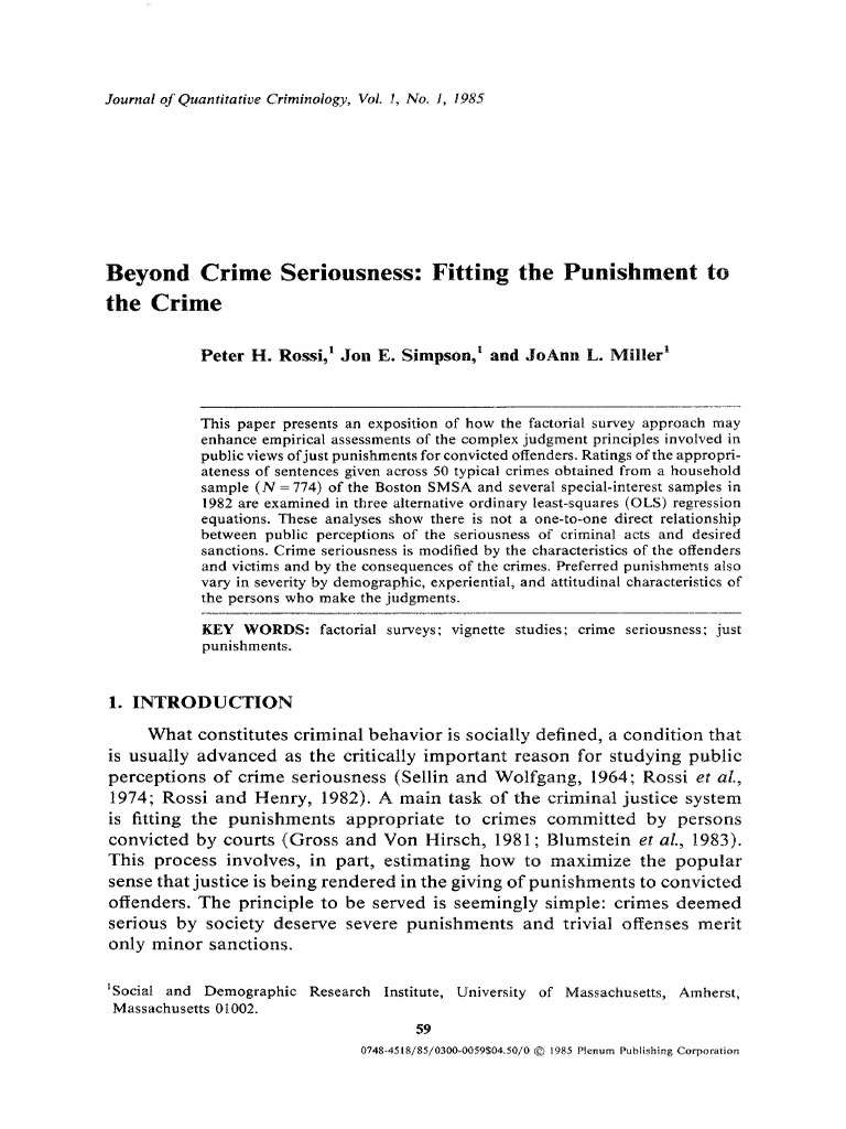 ROSSI, Peter H. Et Al. Beyond Crime Seriousness. Fitting Punishment To