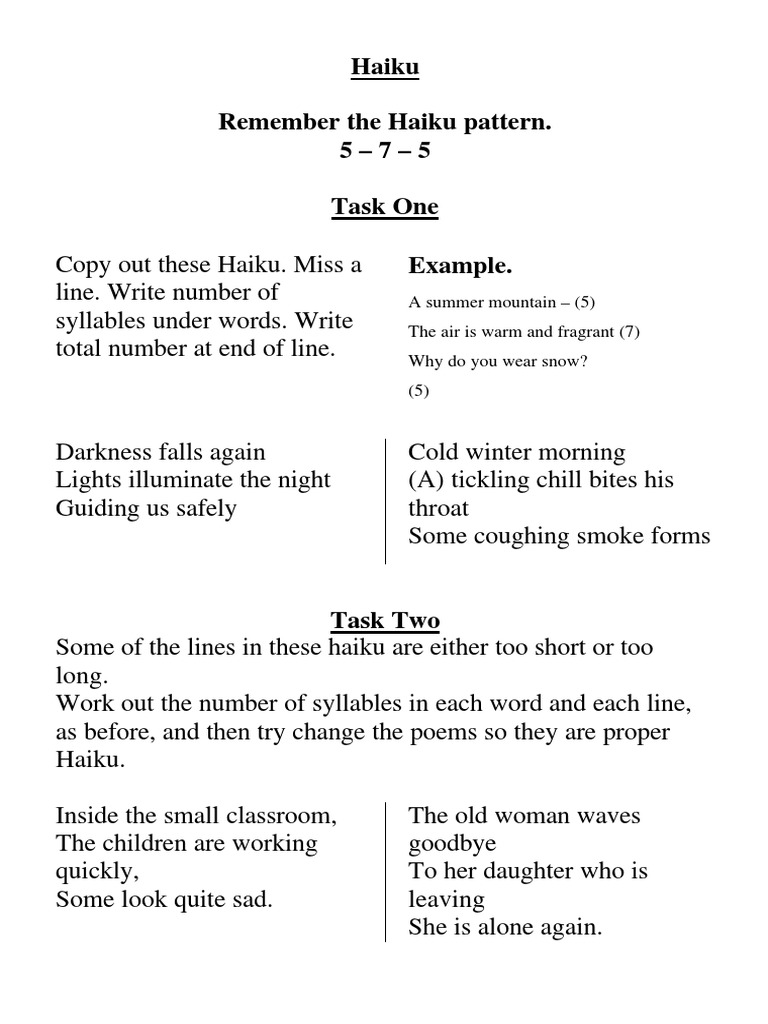 Haiku Remember The Haiku Pattern. 5 - 7 - 5 Task One Example | PDF