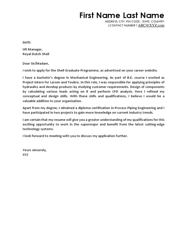 Shell Graduate Programme Cover Letter Academic Degree Educational