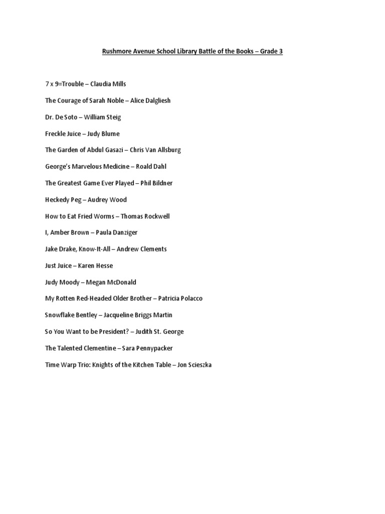 Battle of The Books Grade 3 | PDF | Home & Garden | General Fiction
