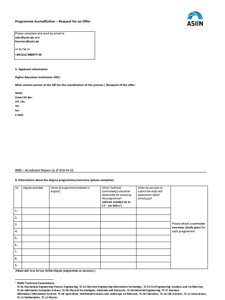 Asiin Accreditation Request Academic Degree Computer Science