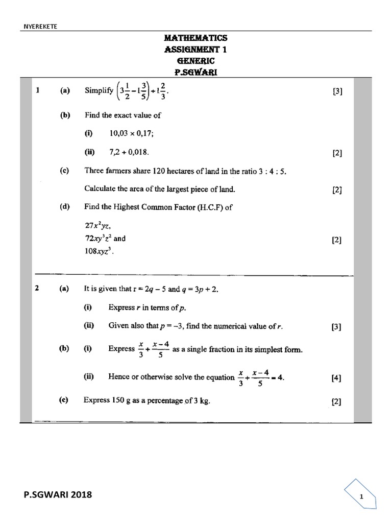 Mathematics Assignments by P. S. Gwari | PDF | Science & Mathematics