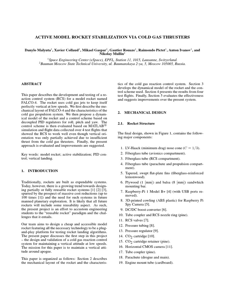 Active Model Rocket Stabilization Via Cold Gas Thrusters Danylo