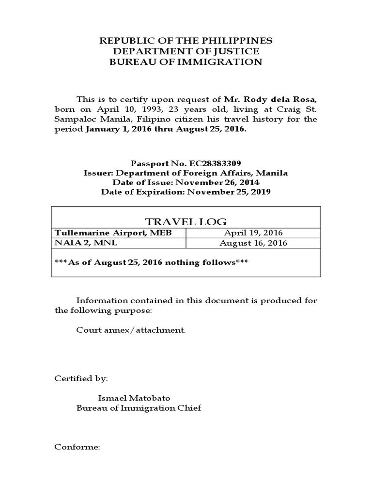 Travel History Certification for Rody dela Rosa | PDF