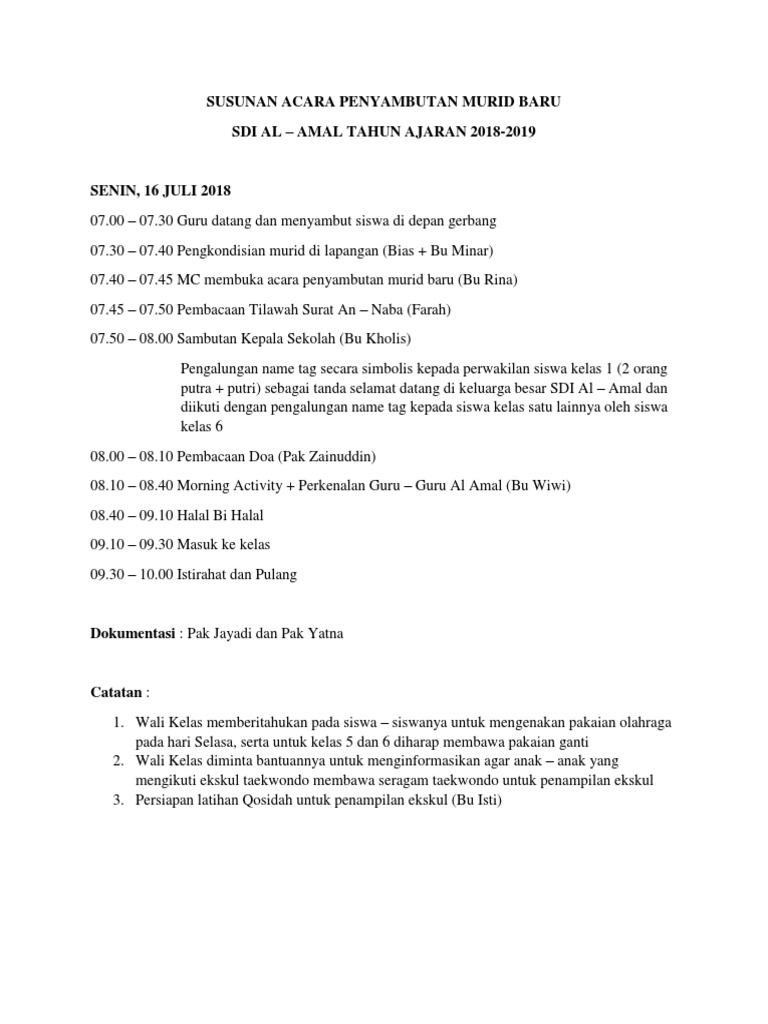 Susunan Acara Penyambutan Murid Baru Pdf