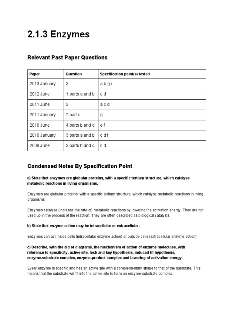 2.1.3 Enzymes: Relevant Past Paper Questions | PDF | Active Site | Enzyme