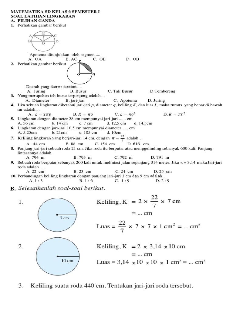 Matematika Sd Kelas 6 Semester I Soal Lingkaran