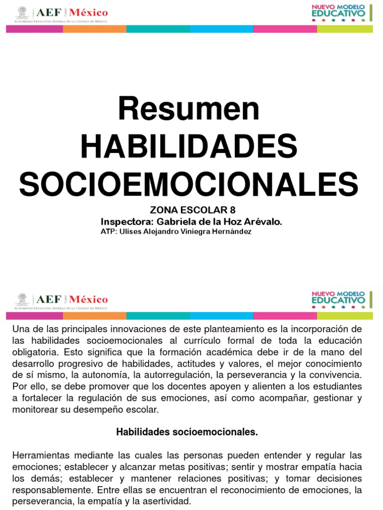 Resumen de Habilidades Socioemocionales ZE8 ULISES AVH | PDF | Salón de  clases | Maestros