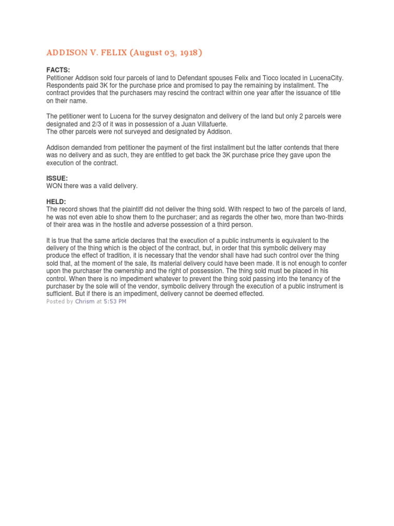 Addison v. Felix: Land Sale Dispute | PDF