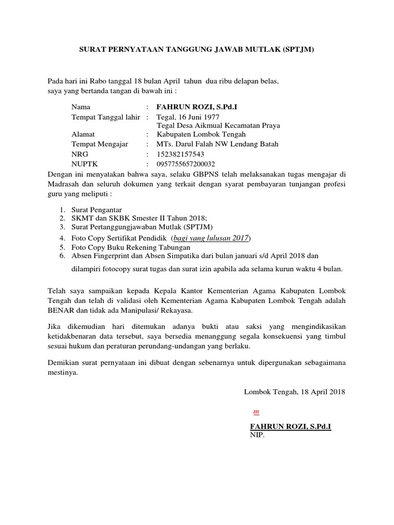Surat Pernyataan Tanggung Jawab Mutlak