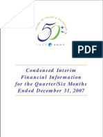 Condensed Interim Financial Information For The Quarter/Six Months Ended December 31, 2007