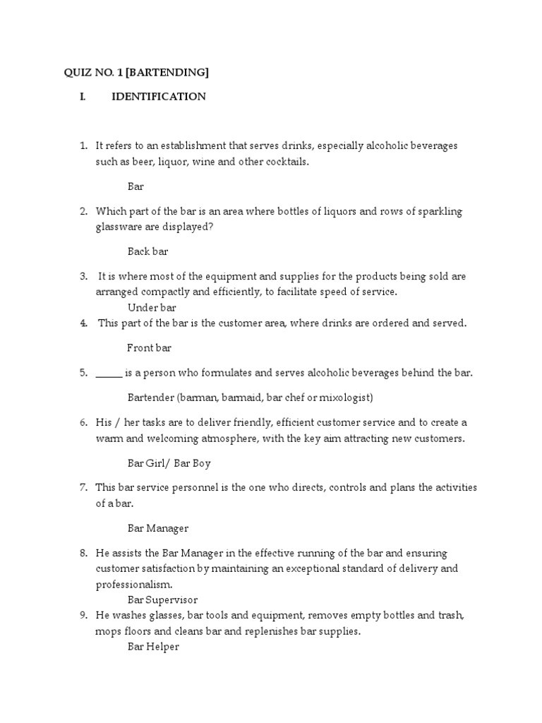 Bartending Quiz PDF Bar Bartender