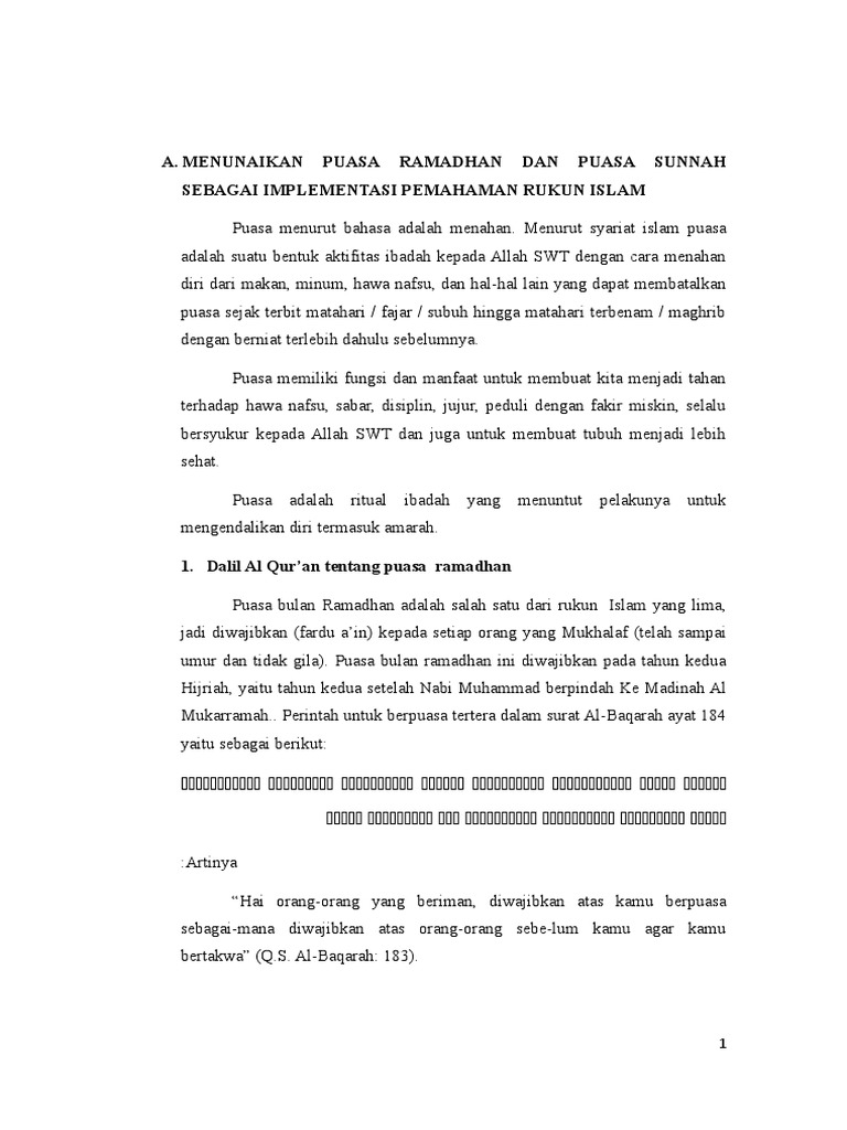 A Menunaikan Puasa Ramadhan Dan Puasa Sunnah Sebagai Implementasi Pemahaman Rukun Islam